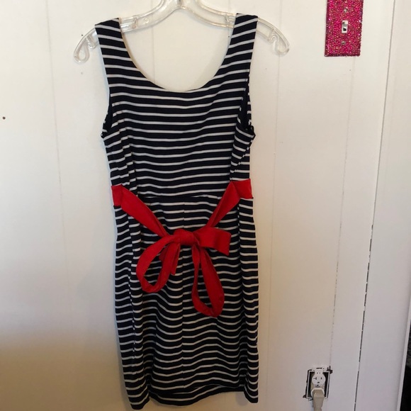 Navy and white stripped dress with red belt - Picture 3 of 4